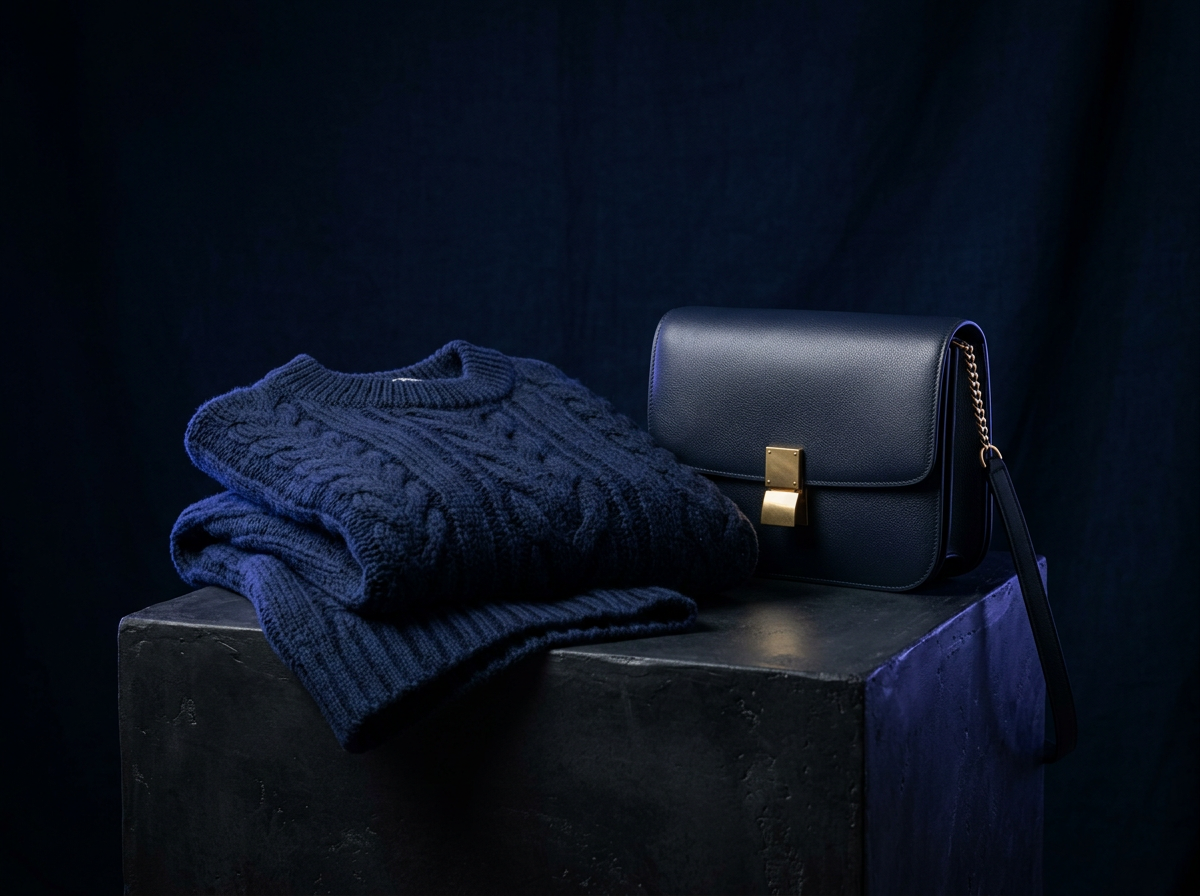 Luxury knitwear and leather handbag on a plinth under indigo light