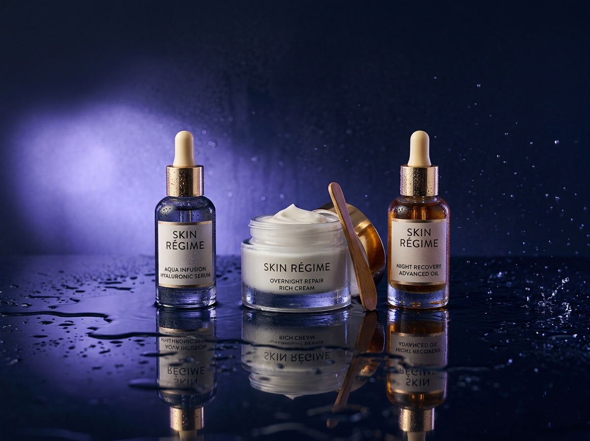 Skincare serum bottles on a wet reflective surface